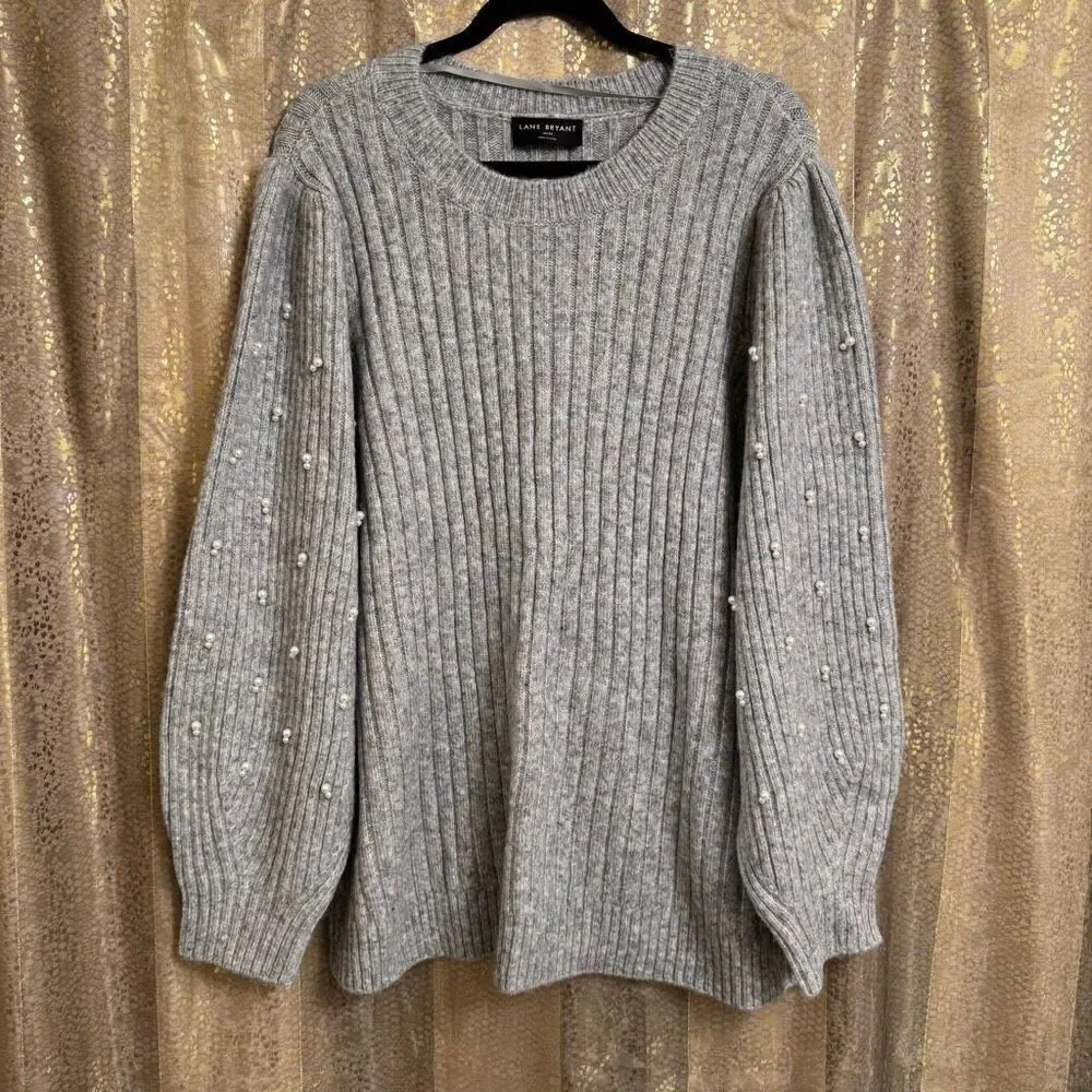 Lane Bryant Light Gray Ribbed Pearl Embellished-Sleeve Sweater 26/28 4X NWT